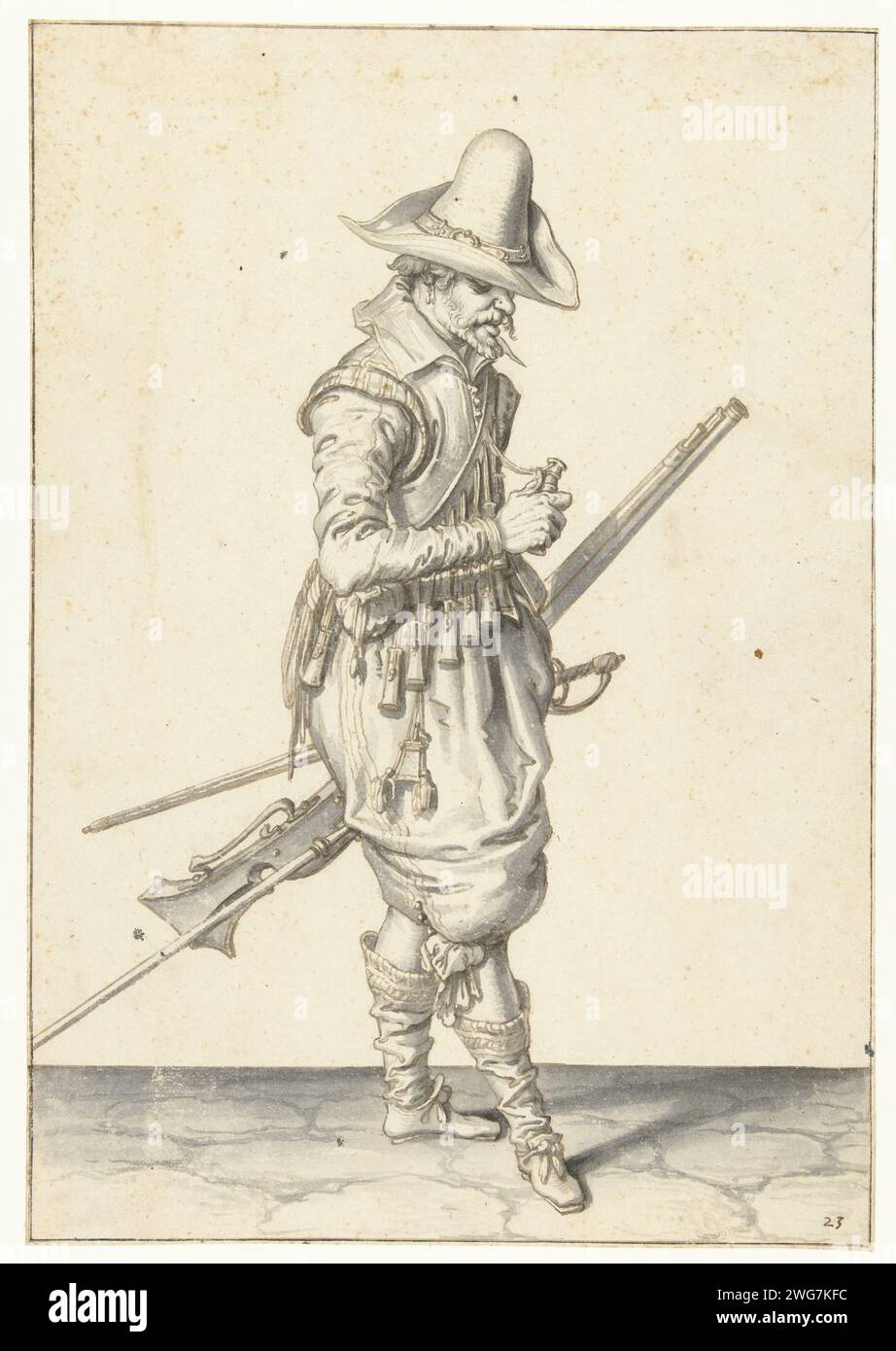 Soldier with a musket that opens a powder size, Jacques de Gheyn (II), 1596 - 1606 drawing A soldier, to the right, to the right, who holds a musket (a certain type of firearm) with his left hand at his left thigh, pointing the run tilted up. Design drawing for plate 23 in the instructions for handling the musket in the arms handling of J. de Gheyn (1607). War of war around 1600. Design for a print.  paper. ink pen / brush handling of weapons  military training. weapons Stock Photo