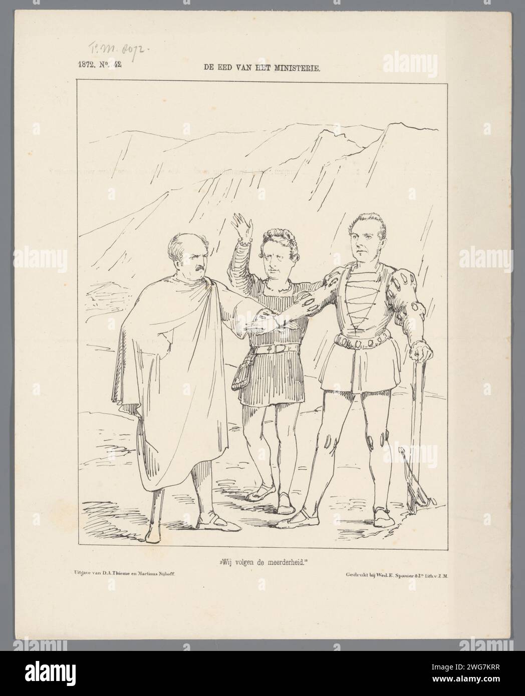 Cartoon on the oath of the three ministers to follow the majority, 1872, 1872 print Cartoon on the oath of the three ministers of Limburg Stirum, De Vries Azn. And Geertsema, to follow the majority in the Lower House. To the Swiss Rütli-Eed (Rütlischwur) from 1291. Plate appeared at the Weekblad De Nederlandsche Spectator, no. 42, 1872. print maker: Netherlandsprinter: Netherlandspublisher: Arnhempublisher: The Hague paper  alliance, league, union, foedus Stock Photo