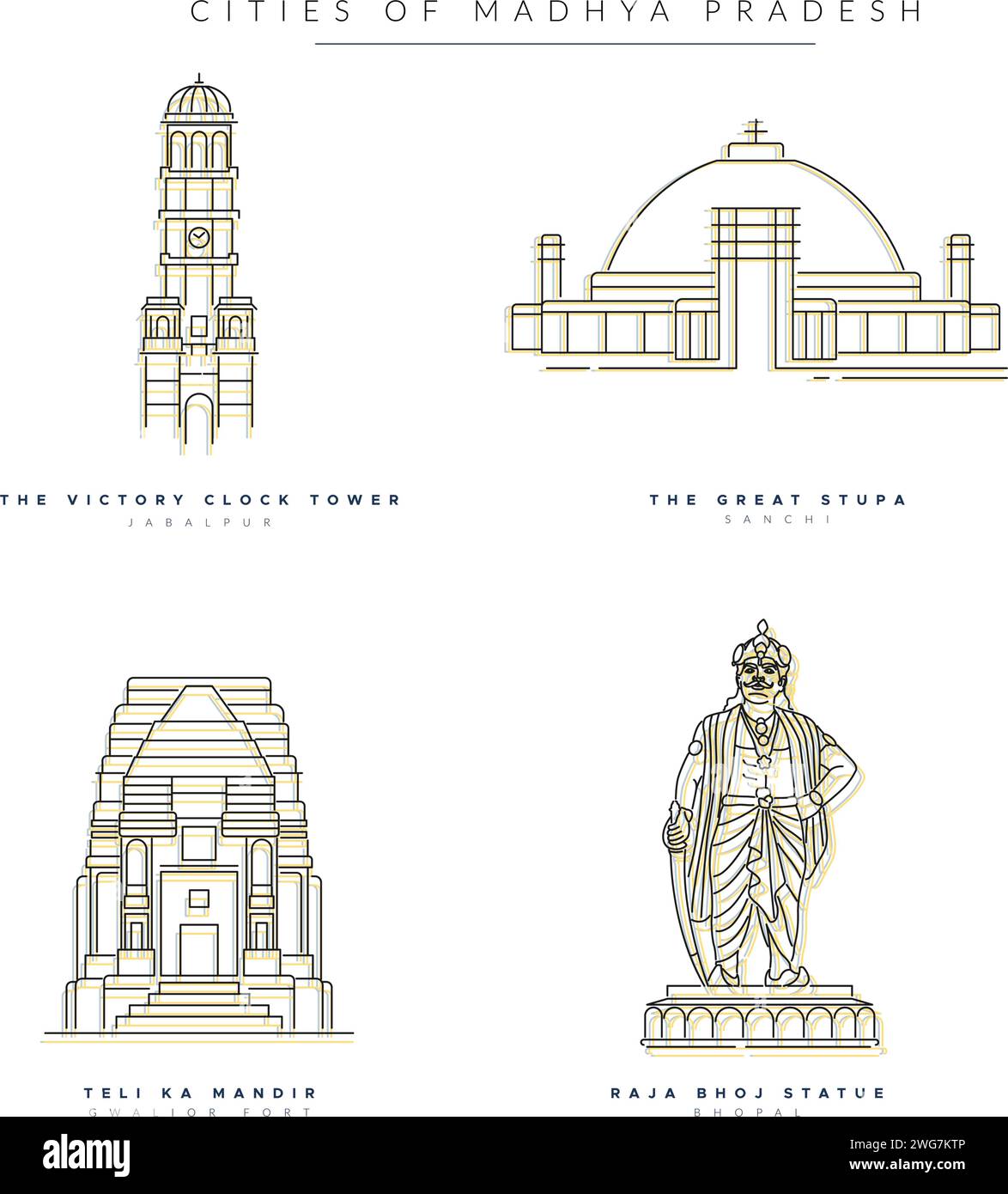 City Master - A Set of Key Indian Cities in Madhya Pradesh -  Icon Illustration as EPS 10 File Stock Vector