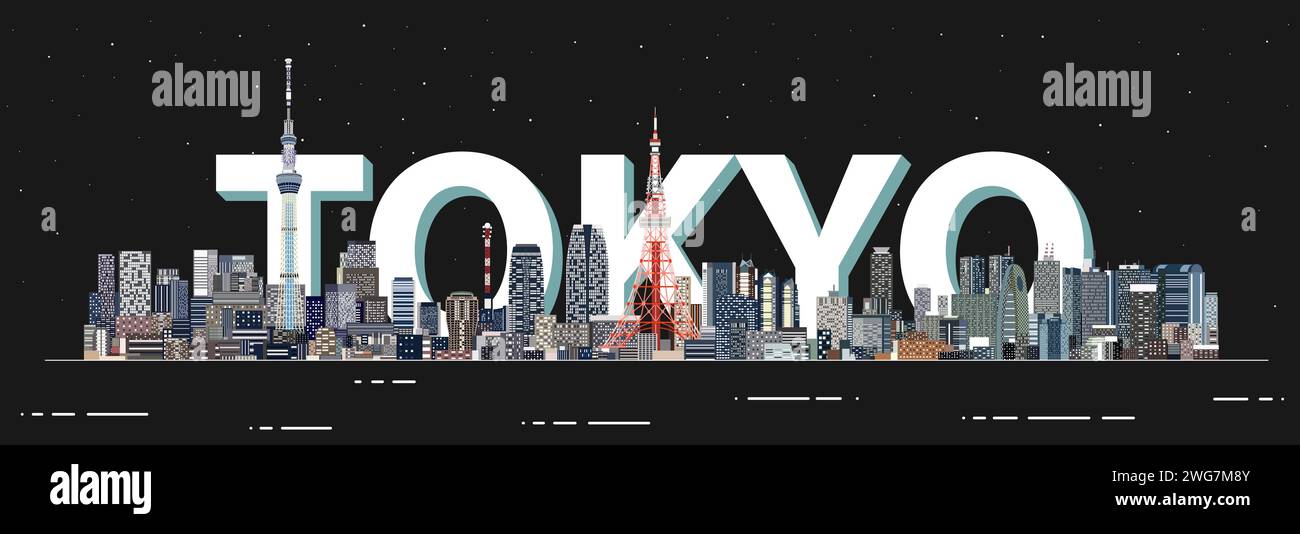 Tokyo at night skyline vector illustration with the big letters on the background Stock Vector