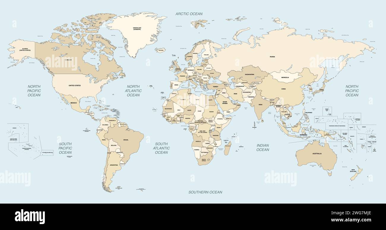 World Map Vector High Detailed Illustration With Names Of Countries World Map Vector High Detailed Illustration With Names Of Countries Oceans Main Seas And Lakes Soft Beige Color Palette 2WG7MJE