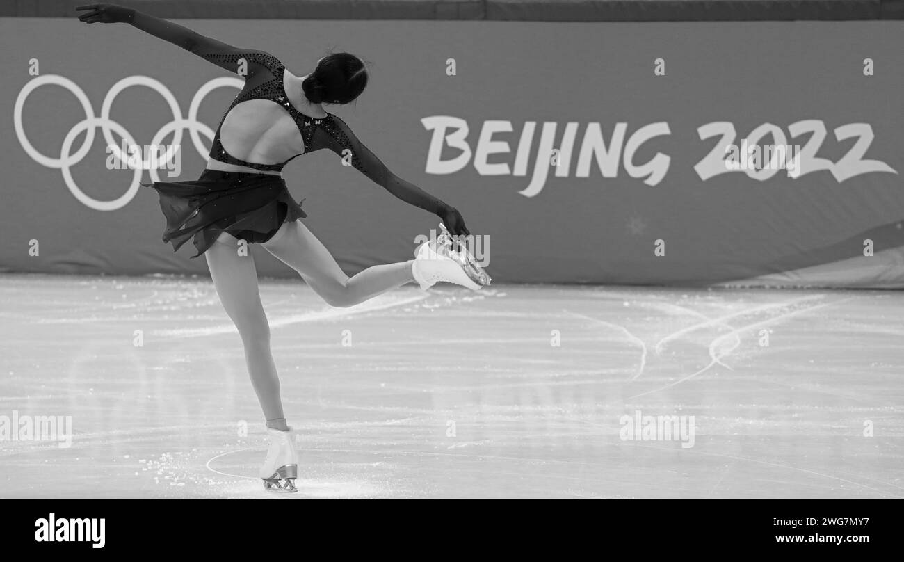 FEB 6, 2022 - Beijing, China: Zhu Yi of Team China skates her Short Program of the Women Single Skating as part of the Figure Skating Team Event at th Stock Photo