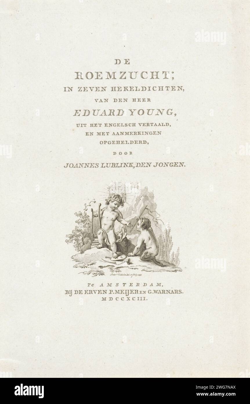 Title page for: Eduard Young, 'De Roemzist', 1793, Reinier Vinkeles (I), 1793 print  Amsterdam paper etching cupids: 'amores', 'amoretti', 'putti'. devil(s) and demons. harp Stock Photo