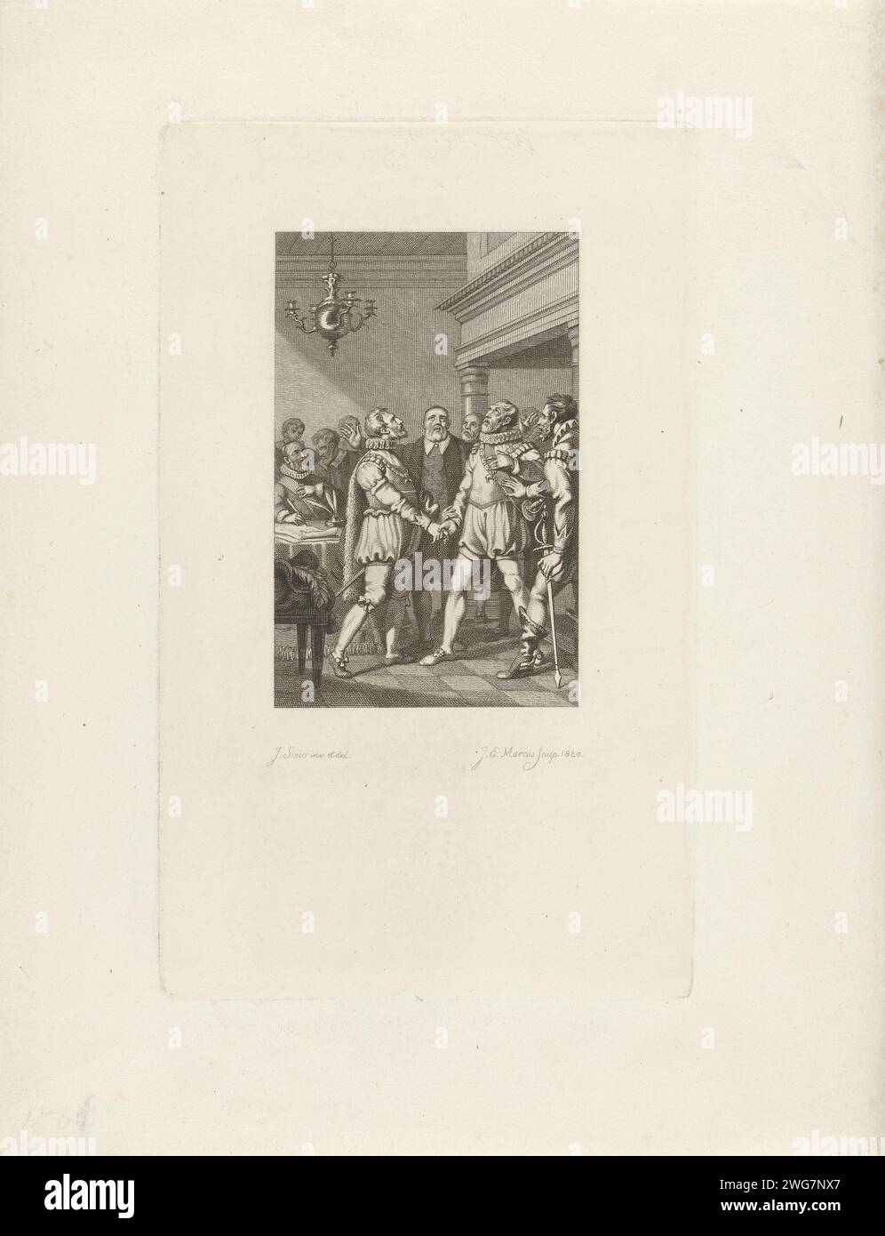 Association of Nobles, 1566, 1820 print Association of nobles, 1566. Two nobles of the Order of the Golden Fleece give each other hands, a document is drawn up in the background. Netherlands paper etching alliance, league, union, foedus Stock Photo