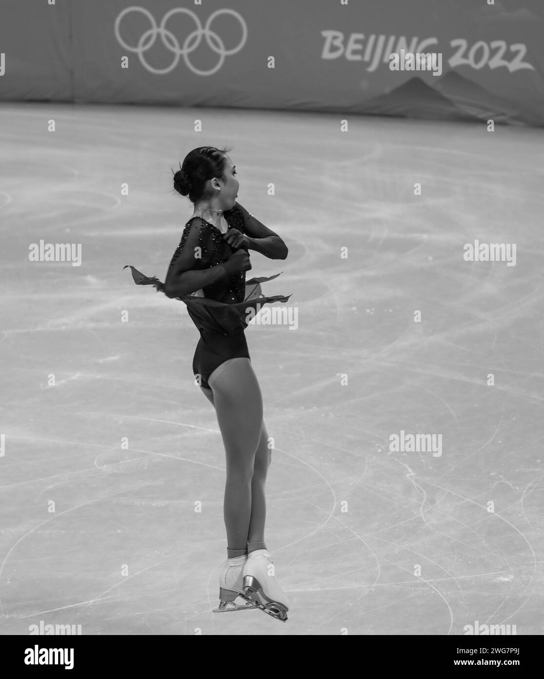 FEB 6, 2022 - Beijing, China: Zhu Yi of Team China skates her Short Program of the Women Single Skating as part of the Figure Skating Team Event at th Stock Photo