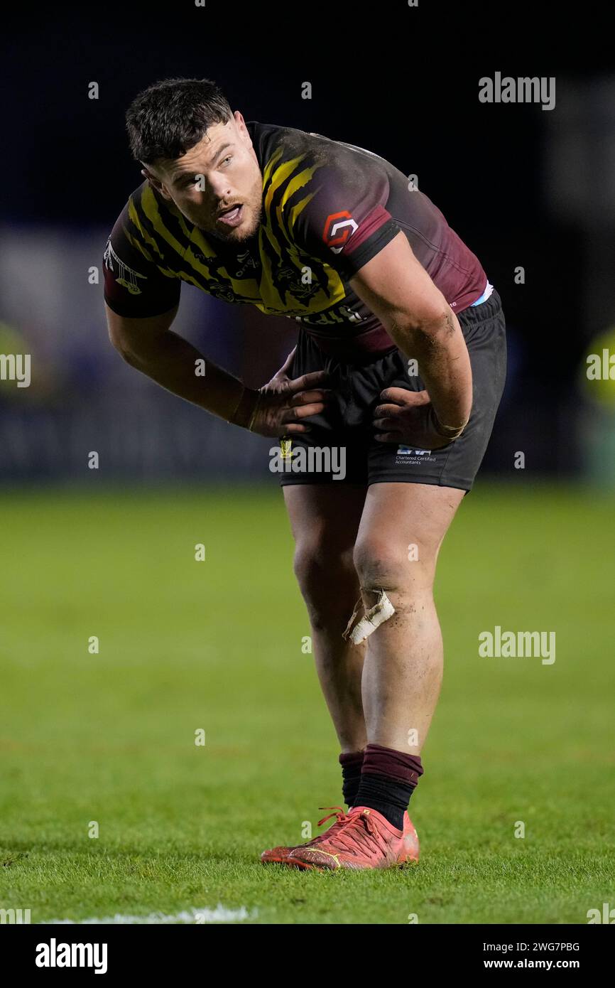 Warrington, UK. 03rd Feb, 2024. Joe Philbin of Warrington Wolves makes ...