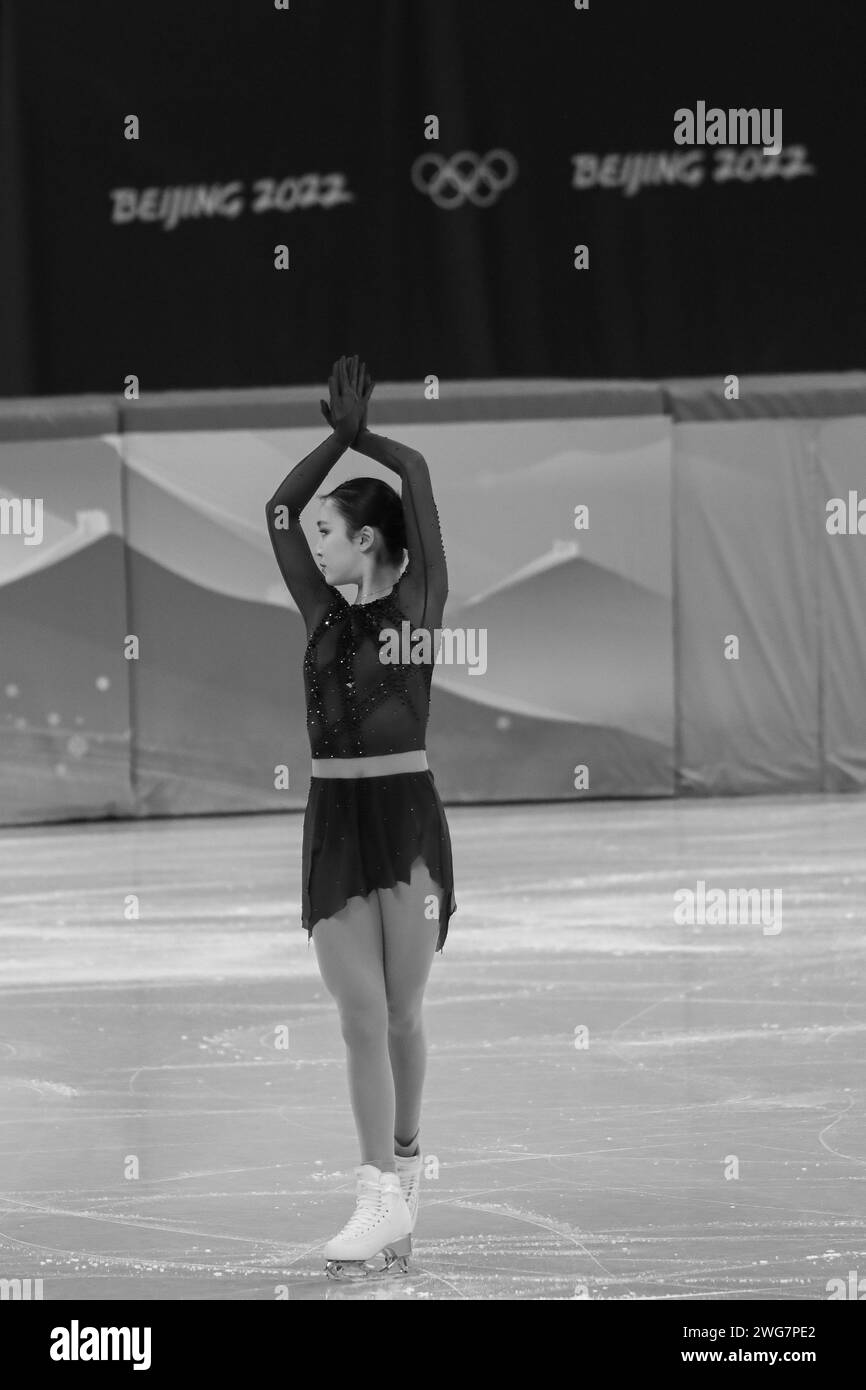 FEB 6, 2022 - Beijing, China: Zhu Yi of Team China skates her Short Program of the Women Single Skating as part of the Figure Skating Team Event at th Stock Photo