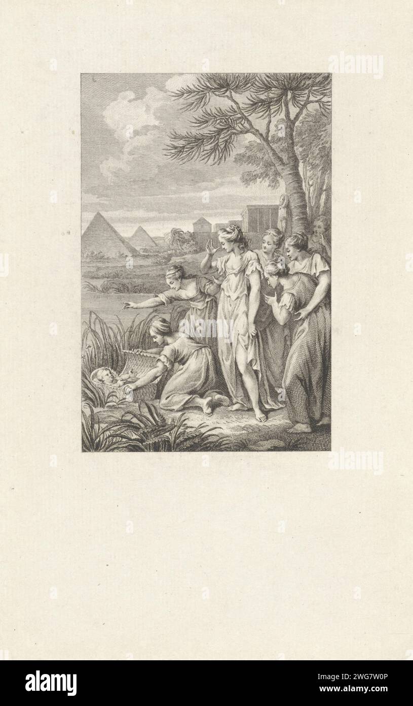 Pharaoh's daughter finds Moses in the Biezen Mandje, Reinier Vinkeles (I), After Jacobus Buys, 1780 print Pharaoh's daughter and her maid find Moses in the Biezen basket at the overgrown bank of the Nile. At the top right: I.D.PL.II. Bottom right: pages.120. Amsterdam paper etching / engraving the finding of Moses: Pharaoh's daughter comes to bathe with her maidens in the river and discovers the child floating on the water. Moses is pulled out of the water by the servants Egypt Stock Photo