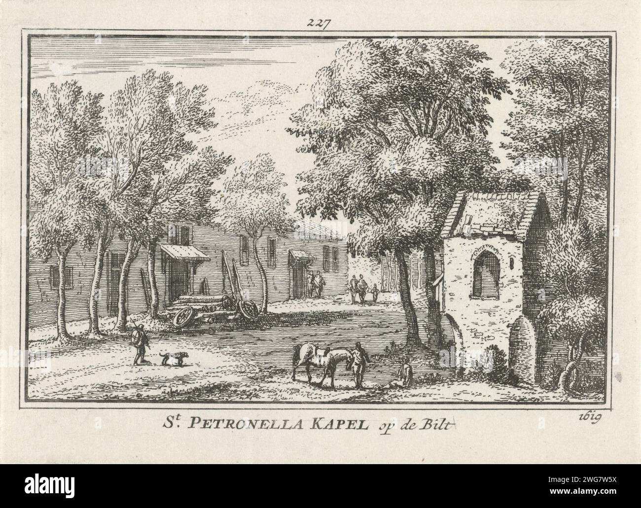 View of the Sint Petronella's Chapel in De Bilt, 1619, Abraham Rademaker, 1727 - 1733 print View of the Sint Petronella's chapel in the village of De Bilt, in the situation around 1619. To the left of the chapel a number of hikers, a horse and a dog. Amsterdam paper etching / engraving church (exterior) - QQ - small church, chapel. dog. 'en route', traveller under way. horse Sint Petronella's chapel Stock Photo