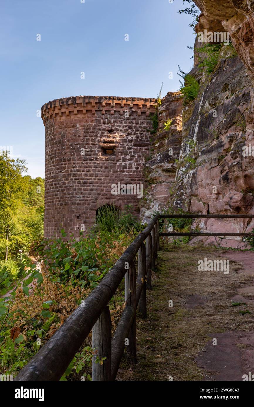 Erfweiler, Germany – August 30, 2023: Walls and Rocks of Castle Altdahnt in Dahner Felsenland, Rhineland-Palatinate. Stock Photo