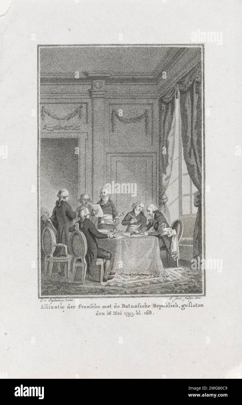 Signs of the Alliance with France, 1795, Christiaan Josi, After Cornelis van Cuylenburgh (II), 1800 print With the signing of a document, the alliance between the French and the Batavian Republic is closed, 16 May 1795. Netherlands paper  alliance, league, union, foedus Stock Photo