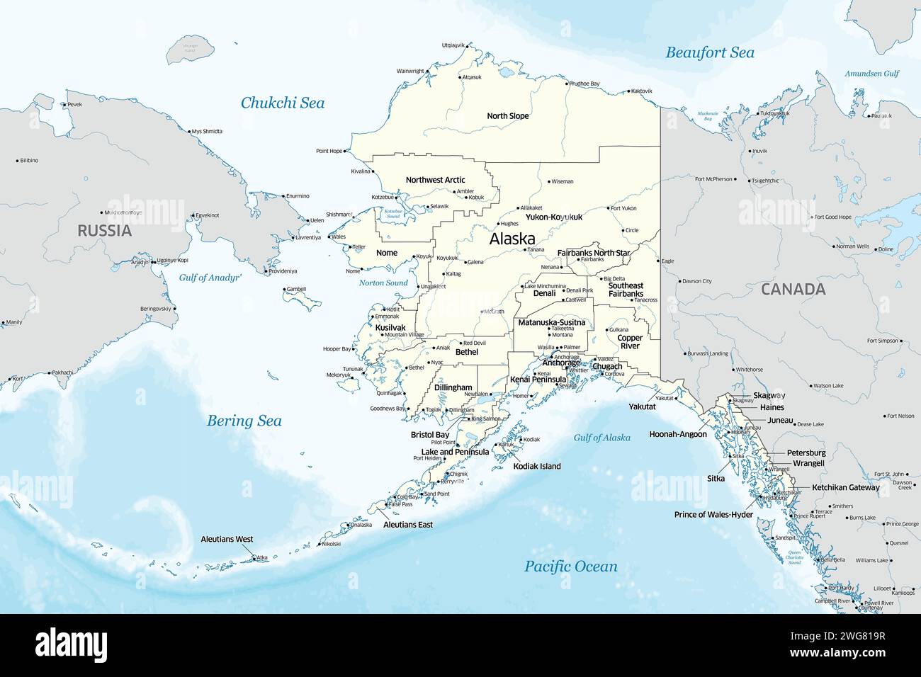 Political map showing the counties that make up the state of Alaska in the United States Stock Photo