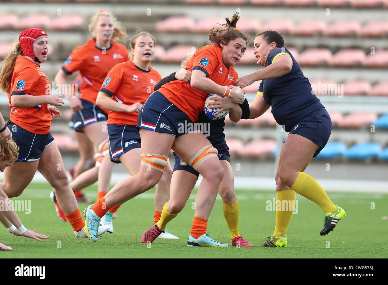 AMSTERDAM, NETHERLANDS - FEBRUARY 03: Anouk Veerkamp player of Hartpury college (GB)  Linde van der Velden player of Exeter Chiefs (GB) during the int Stock Photo