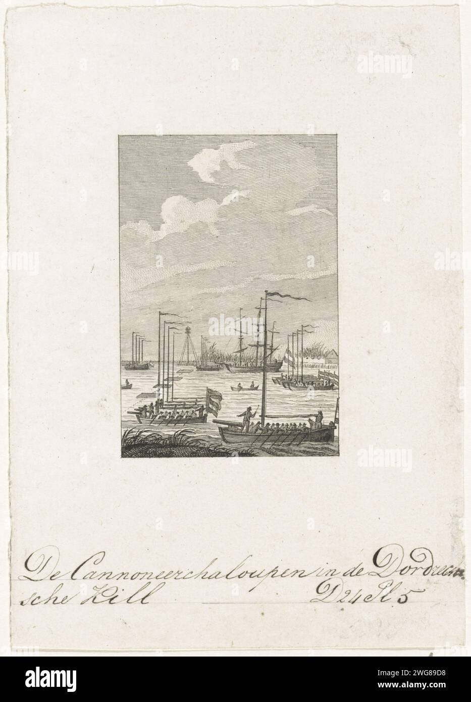 Cannoon sloops in the Dordtsche Kil, 1793, Reinier Vinkeles (I), After Jacobus Buys, After Carel Frederik Bendorp (I), After Martinus Schouman, 1793 - 1795 print The closure of the Dordtsche Kil with rafts, guns and some other vessels on March 29, 1793, as a defense against the French. With handwritten inscription. Northern Netherlands paper etching rowing-boat, canoe, etc.. chains across waterway Dordtse Kil Stock Photo
