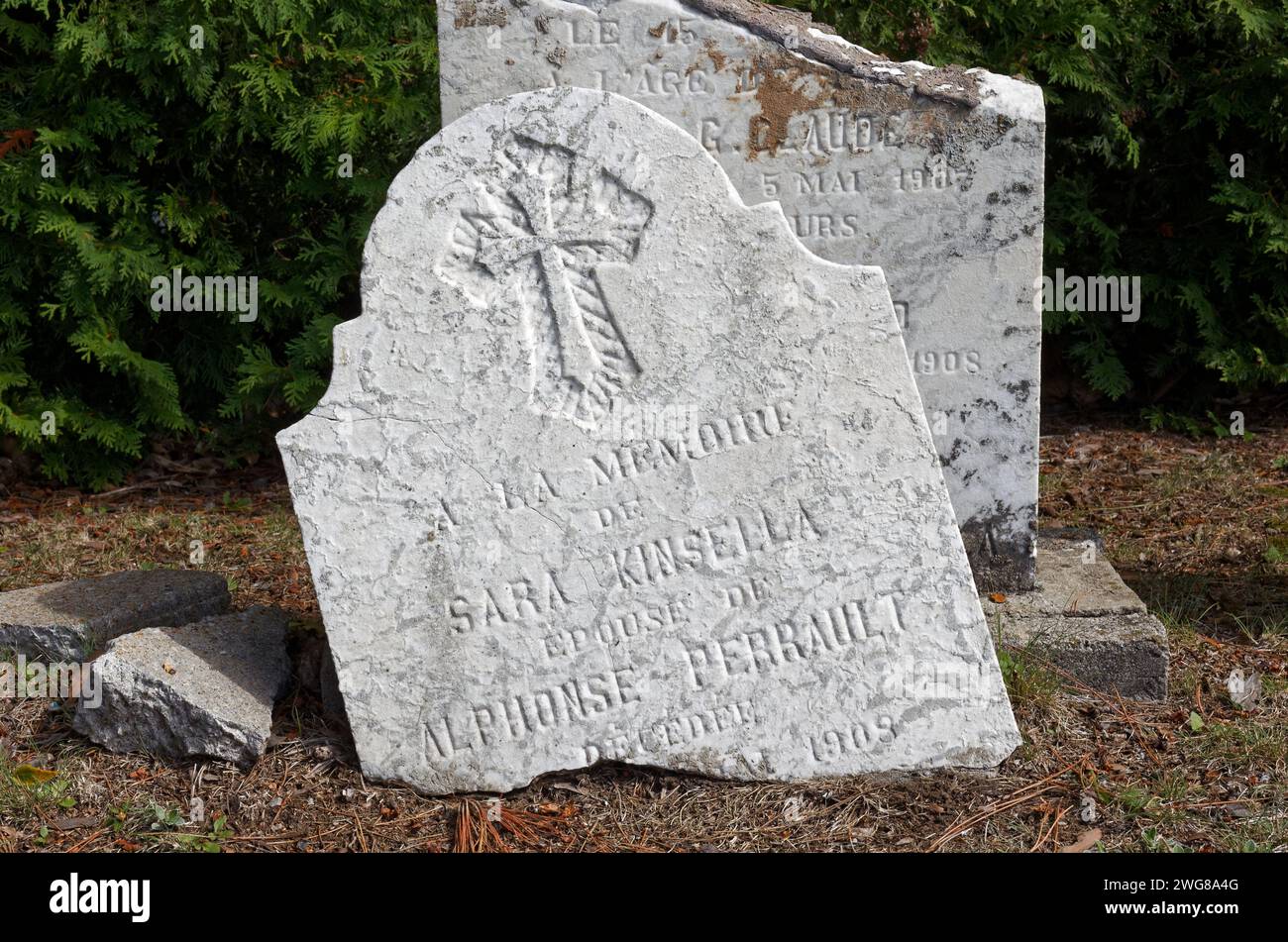 Old broken tombstone in a graveyard, Rawdon,Quebec,Canada Stock Photo