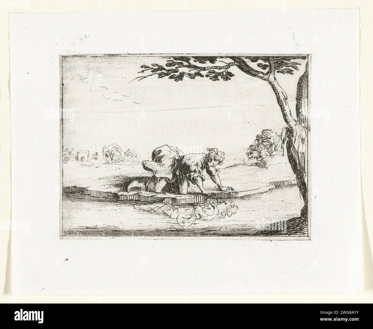 Narcissus admires his mirror image in the water, Jacques Callot, 1621 - 1635 print Presentation of a young man (Narcissus) who looks at his own mirror image at a waterfront. This magazine is part of the emblem series 'Monastic Life in Emblemen'. In addition to an illustrated title page and 26 emblems, the second state of this series is a title page and a magazine with assignment, both in book print without image. Nancy paper etching Narcissus, gazing in a fountain, falls in love with his own reflection; possibly the nymph Echo peeps at the scene Stock Photo