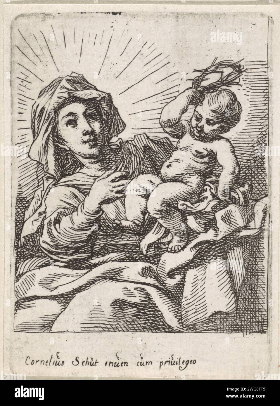 Madonna with child, Cornelis Schut (I), 1618 - 1655 print The Christ child is sitting on a table, held by Mary sitting next to it. He puts himself the crown on his head.  paper etching Madonna: Mary sitting or enthroned, the Christ-child in her lap (or in front of her bosom) (Mary sometimes represented half-length) Stock Photo