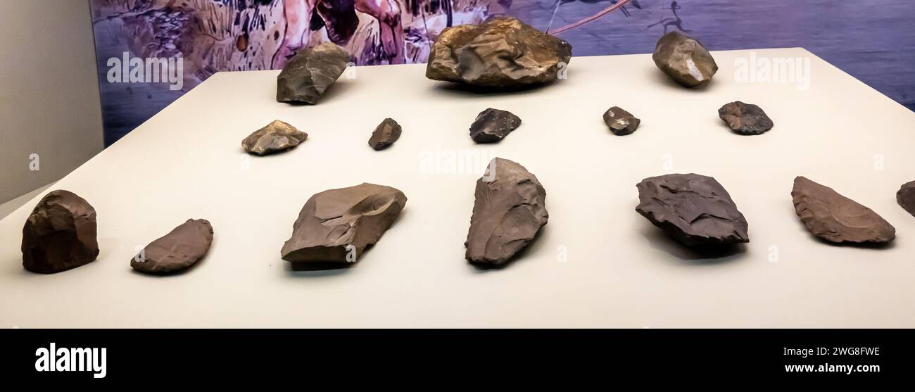 Stone tools display, beating, retouch, stone age, Tanirkazgan, Borikazgan, Karatau mountains Kazakhstan Stock Photo