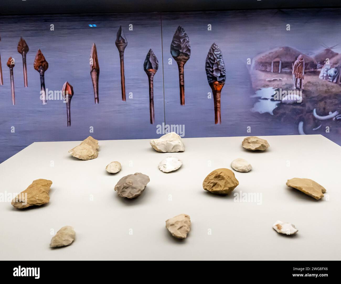 Stone tools display, beating, retouch, stone age, Shakpak-ata site, Mangystau region Kazakhstan Stock Photo