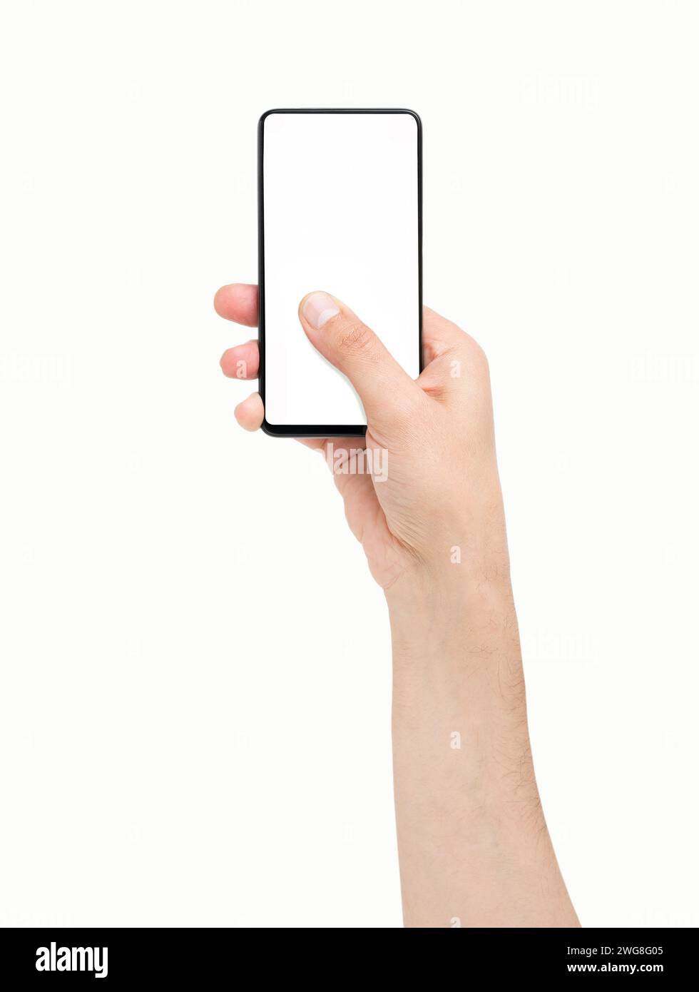 Man hand holding and touching a mobile phone screen with his thumb on a ...