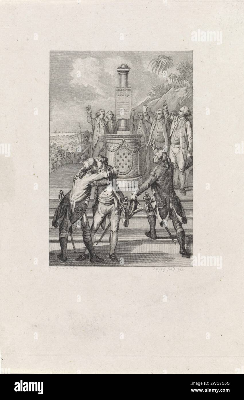 Alliance with France, 1792, 1792 print In a coastal landscape with palms there is an altar on an estrade, on which a column with inscription 'Alliance with France' and a cartouche with thirteen stars, around a few men swear by the oath. In the foreground two men who hug each other. Refers to an alliance of France with another unknown country (the United States?), Ca. 1792. Netherlands paper etching / engraving alliance, league, union, foedus Stock Photo
