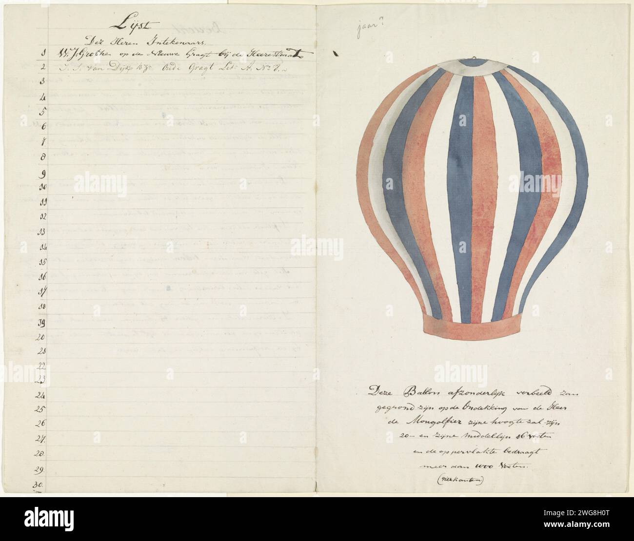 Balloon and list of subsidiaries, Anonymous, 1700 - 1800 drawing Recto an image of a hot air balloon and a list of subsidiaries. VERSO A handwritten text with explanation on the register list.  paper. watercolor (paint). ink pen / brush balloon (aviation). member, membership Stock Photo