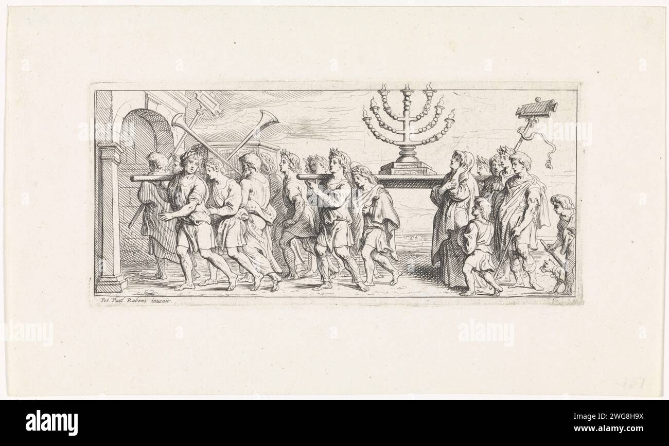 Triumphal parade with the seven -armed candlestick, Theodoor van Thulden, after Peter Paul Rubens, after Anonymous, 1642 print Triumphal parade with the seven -armed candlestick and other treasures from the temple of Jerusalem by Romans, after the destruction of the temple by Emperor Titus. To the relief on the triumphal arch of Titus in Rome. Antwerp paper etching / engraving 'menorah', golden seven-branched candlestick, kept in the Tabernacle. piece of sculpture, reproduction of a piece of sculpture. Emperor Titus destroying the temple of Jerusalem (+ variant) Stock Photo