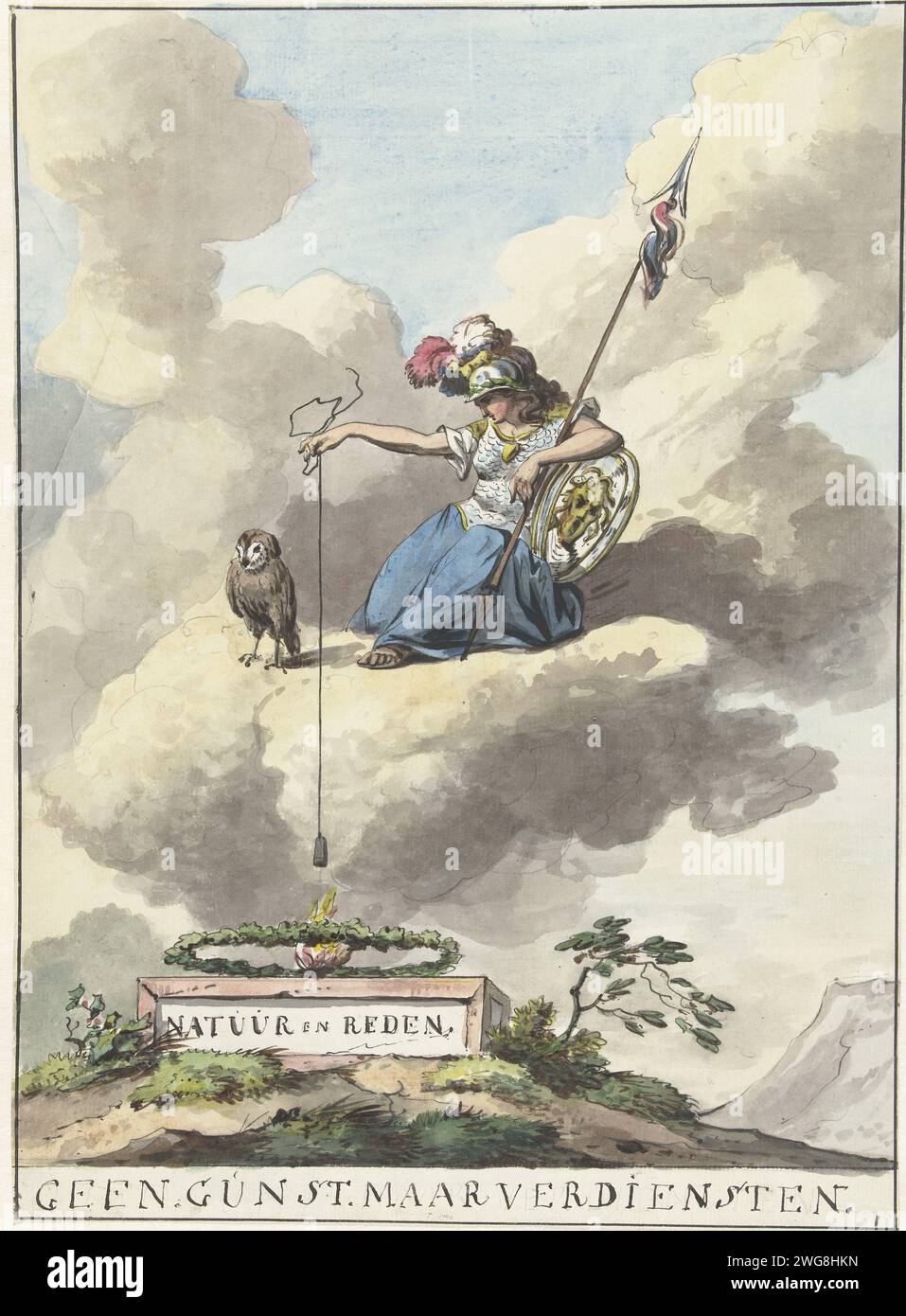 Design for the Decorative Arts and Sciences on the Noordermarkt, Anonymous, After Jurriaan Andriessen, 1795 drawing Minerva sitting in the clouds with shooting shell (equality) above a wreath and fire of nature and reason. Extended version of the design for the decoration 'Arts and Sciences' on the Noordermarkt in Amsterdam at the Alliantiegeest on June 19, 1795. Netherlands paper. watercolor (paint). graphite (mineral). ink pen / brush Alliance, League, Union, Foedus. Minerva as Patroness. Symbolic Represementions, Allegories and Emblems  Science, 'Scientia'; 'Science', 'Studio' (Ripa). Fest Stock Photo