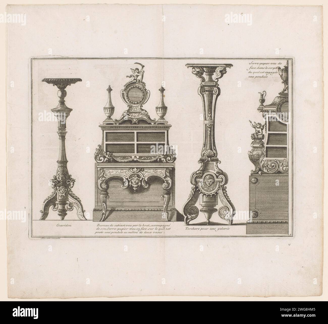 Guidons in office, André-Charles Boulle, c. 1710 - C. 1720 print Two ornamented gueridons, a desk with pendula and vases and on the right the left half of a storage cupboard for paper. With French captions. Paris paper etching chandelier, candelabrum. furniture and household effects Stock Photo