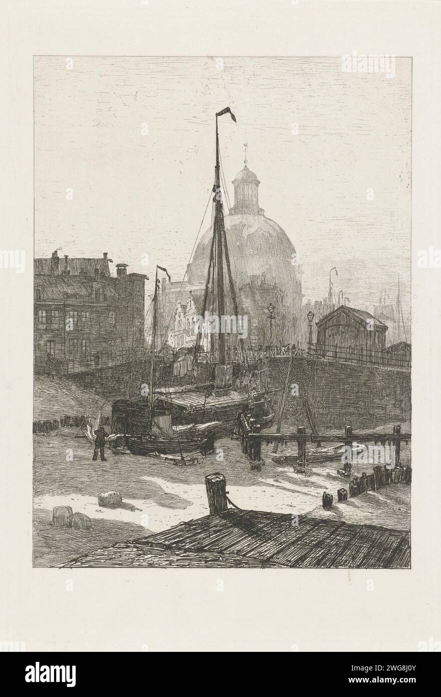 Het Singel in Amsterdam with frozen peat window, Johan Conrad Greive, 1847 - 1891 print View of the Invaart on the IJ side of the Singel in Amsterdam with frozen peat window. On the back the Lutheran church. There is an icle sail bar in front of the Praam. Amsterdam paper etching street. canals, waters (in city) (+ city(-scape) with figures, staffage). ships (in general) Old Lutheran Church. Amsterdam. Gay Stock Photo