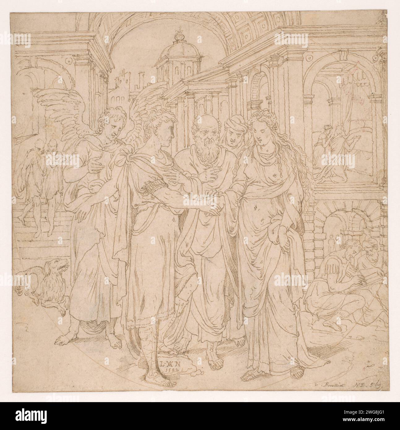 Marriage of Tobias and Sara, Lambert van Noort, 1562 drawing Design for