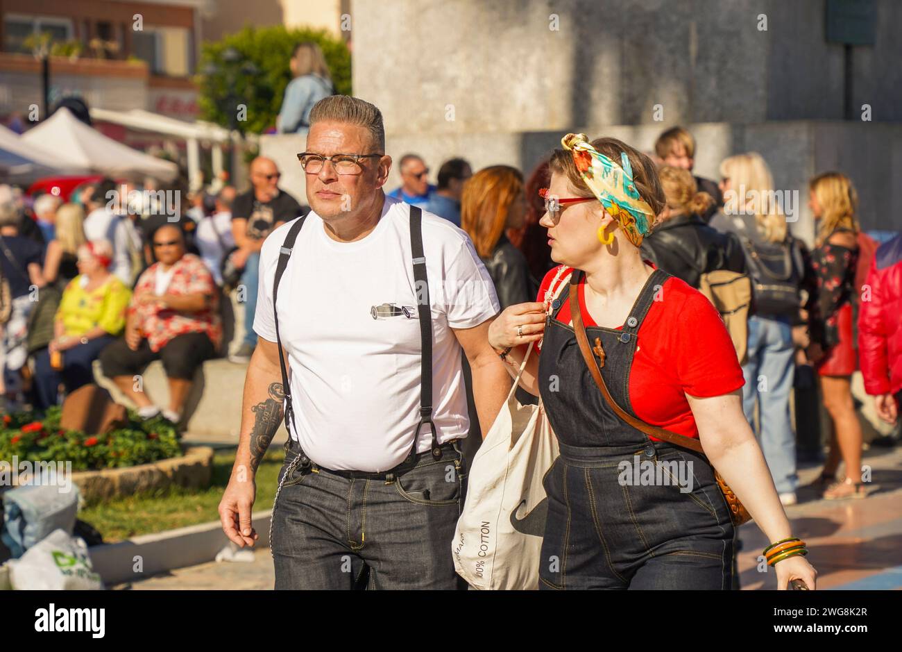 Couple dressed in fifties style at Rockin Race Jamboree 2024, rockabillies, Torremolinos ...