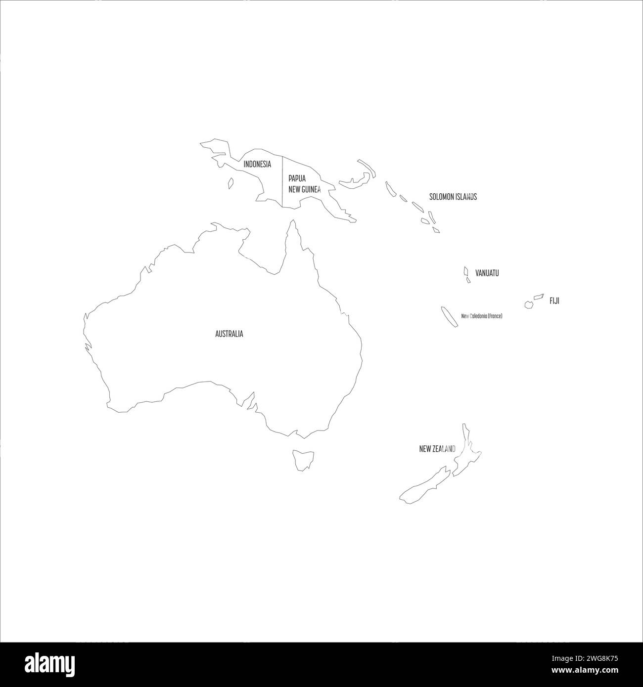 Political map of Australia. Thin black outline map with country name labels on white background. Ortographic projection. Vector illustration Stock Vector