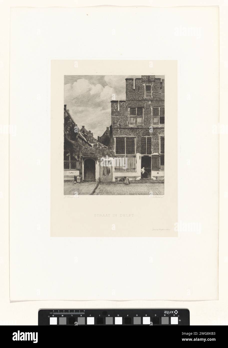 View of Huizen in Delft, known as 'Het Straatje', Willem Steelink (II), After Johannes Vermeer, 1888 - 1891 print View of Huizen in Delft, known as 'the street'. The facades of a few houses on a street in Delft. Between the houses an alley where a woman is bent over a wash. In the open door of the house on the right, a woman is crafted, left in front of the house on the sidewalk two children playing. print maker: Netherlandspublisher: Amsterdam paper. etching / drypoint street. civic architecture; edifices; dwellings. children's games and plays (+ out of doors (sports, games, etc.)). children' Stock Photo