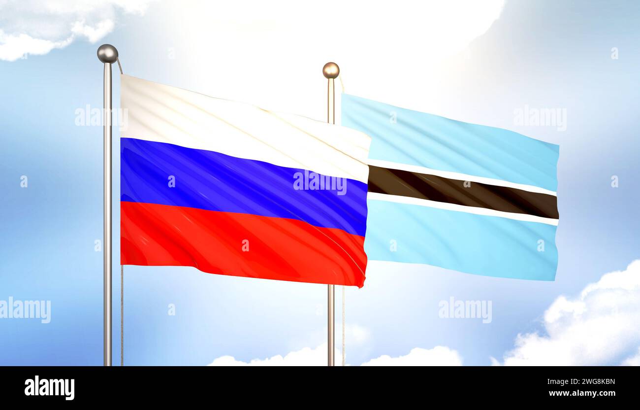 3D Waving Russia and Botswana Flags on Blue Sky with Sun Shine Stock ...