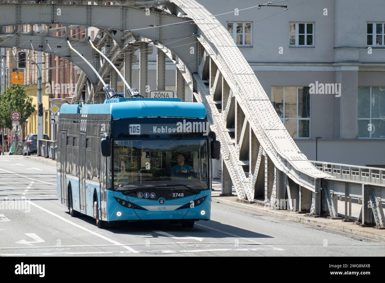 OSTRAVA, CZECH REPUBLIC - AUGUST 24, 2023: Skoda 36Tr trolleybus of DPO public transportation company in Ostrava on Sykoruv most bridge Stock Photo