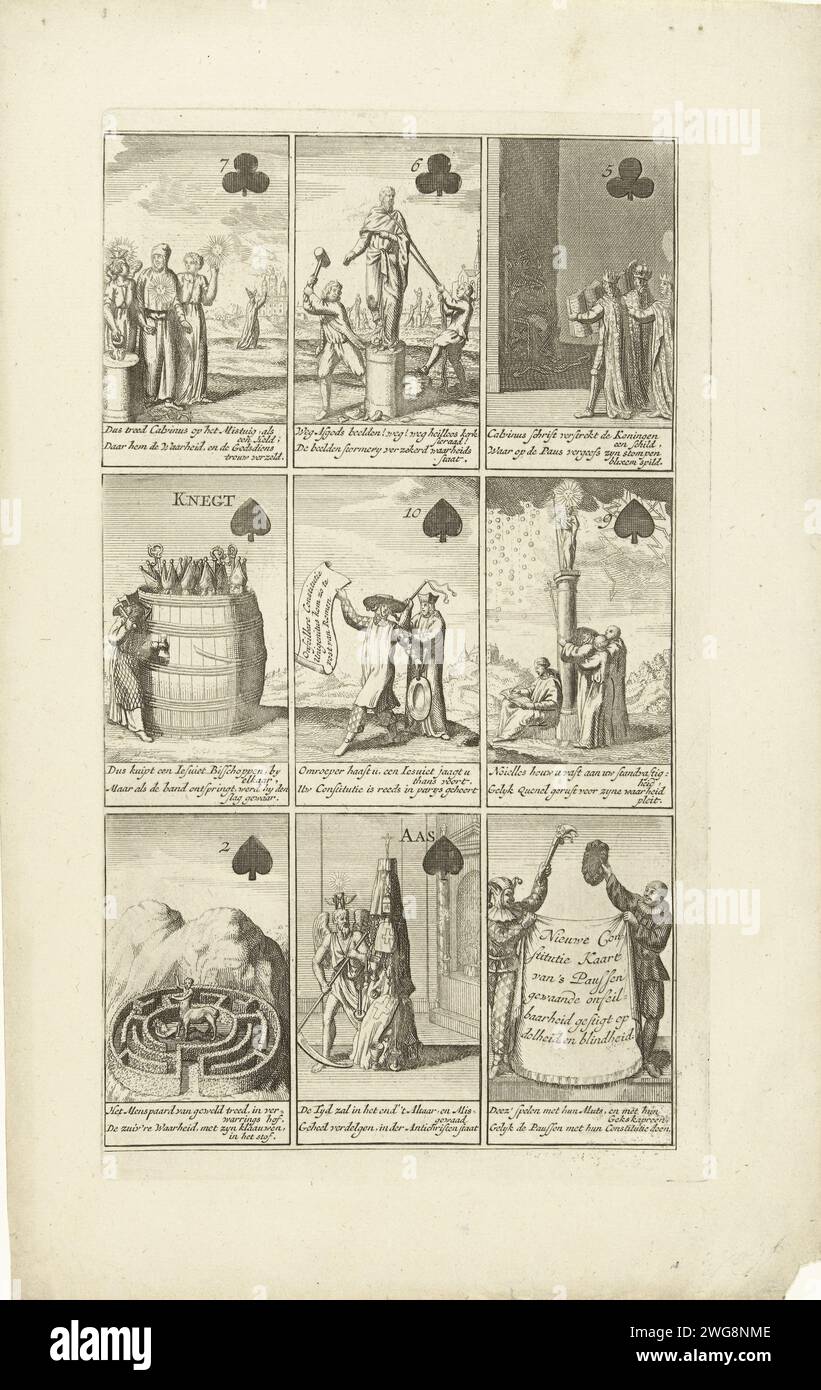 Nine cards with cartoons on the Roman infallibility, 1724, 1724 print Partiles on the Roman infallibility in the form of a card game, 1724. Nine cards that refer to the Bul of Constitution Unigenitus of Pope Clemens XI regarding the infallibility of the Pope and against the ideas of the Jansenists and Quesnel. Each card with a caption in Dutch. Northern Netherlands paper etching representants of the Church (Christians in general, laymen, monks, etc.) in strife with each other or with opponents. playing-cards Stock Photo