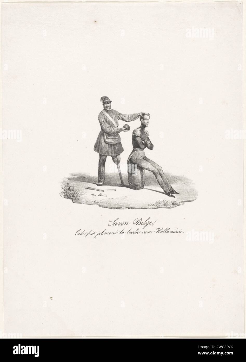 Belgian soap, 1830, Anonymous, 1830 - 1831 print Cartoon on Prince Frederik who is shaved by the Barbier Jambe de Bois, 1830. The prince sits on a ton, behind him the cheerful Belgian rebel as a barber with a cannon ball as soap. Belgium paper  shaving, being shaved Stock Photo
