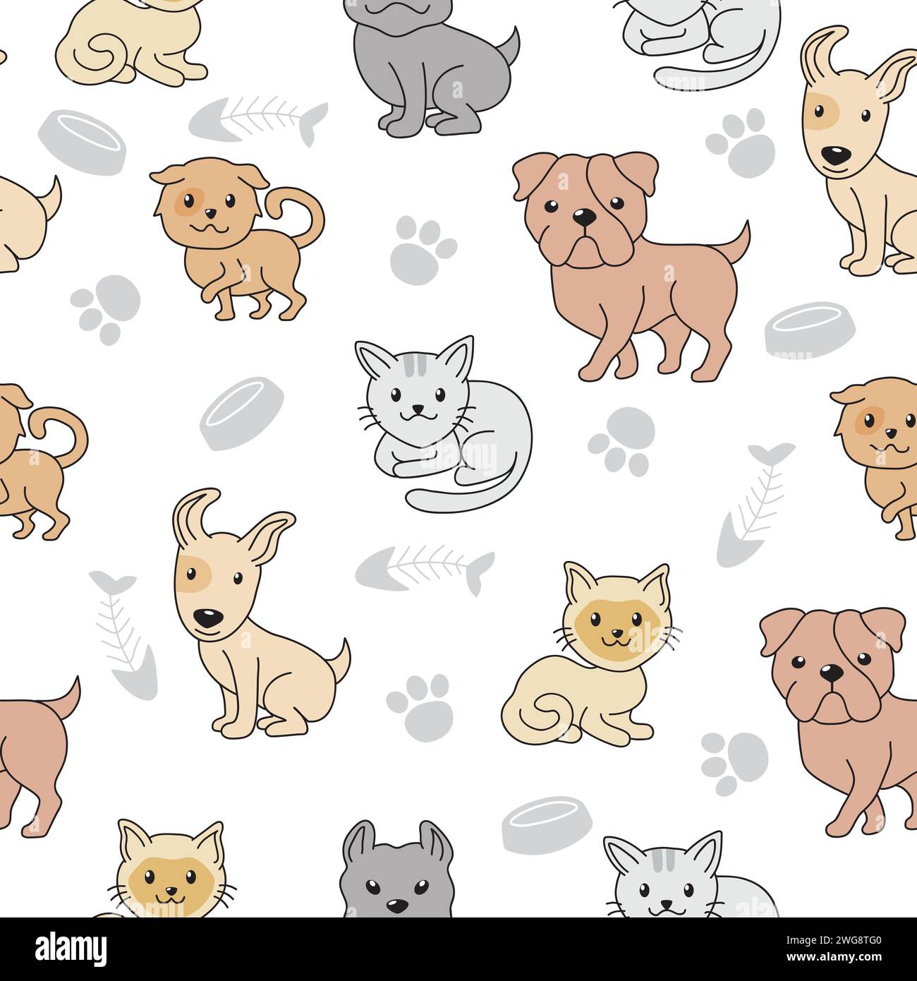 Cute Dogs Doodle Vector Set. Cat and Dog Seamless Pattern Background Design Stock Vector