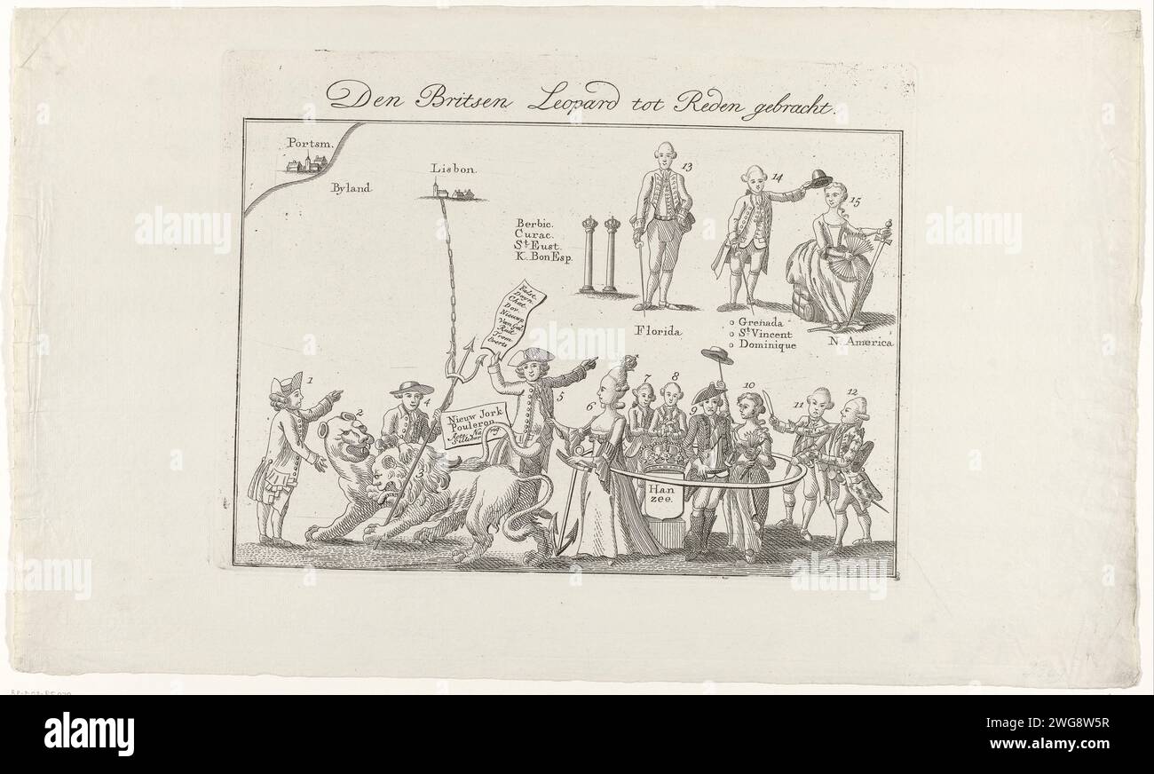 British leopard and the Dutch Lion, ca. 1780, Anonymous, 1780 print Cartoon on the war between the Republic and England. The Dutch Lion defends itself somewhat against the British leopard. Hereby Englishmen, the Dutch merchant and Catharina the Great united with the princes in the covenant of armed neutrality. An Englishman takes his trident and has conquered a list of places by England in the Netherlands, including New York. In the background the Spaniard and the Frenchman with the names of places conquered on the British, and America. The print includes two separate text magazines with state Stock Photo