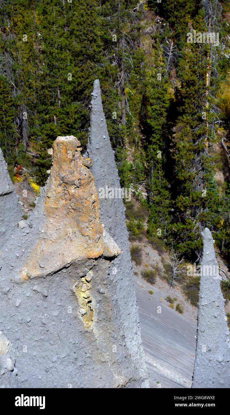 Rocky spires fill Pinnacle Point in Crater Lake National Park.  Unusual shapes and sizes are erosion formed. Stock Photo