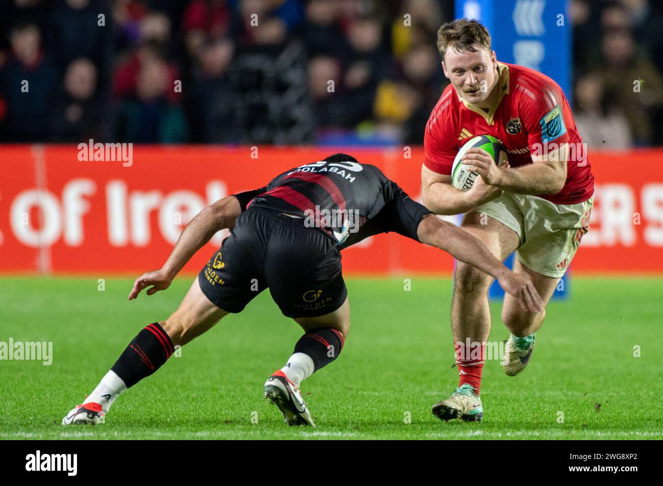 Cork, Ireland. 03rd Feb, 2024. Sean O'Brien of Munster tackled by Ryan Crotty of Crusaders during the test match between Munster Rugby and Crusaders at Pairc Ui Chaoimh in Cork, Ireland on February 3, 2024 (Photo by Andrew SURMA/ Credit: Sipa USA/Alamy Live News Stock Photo