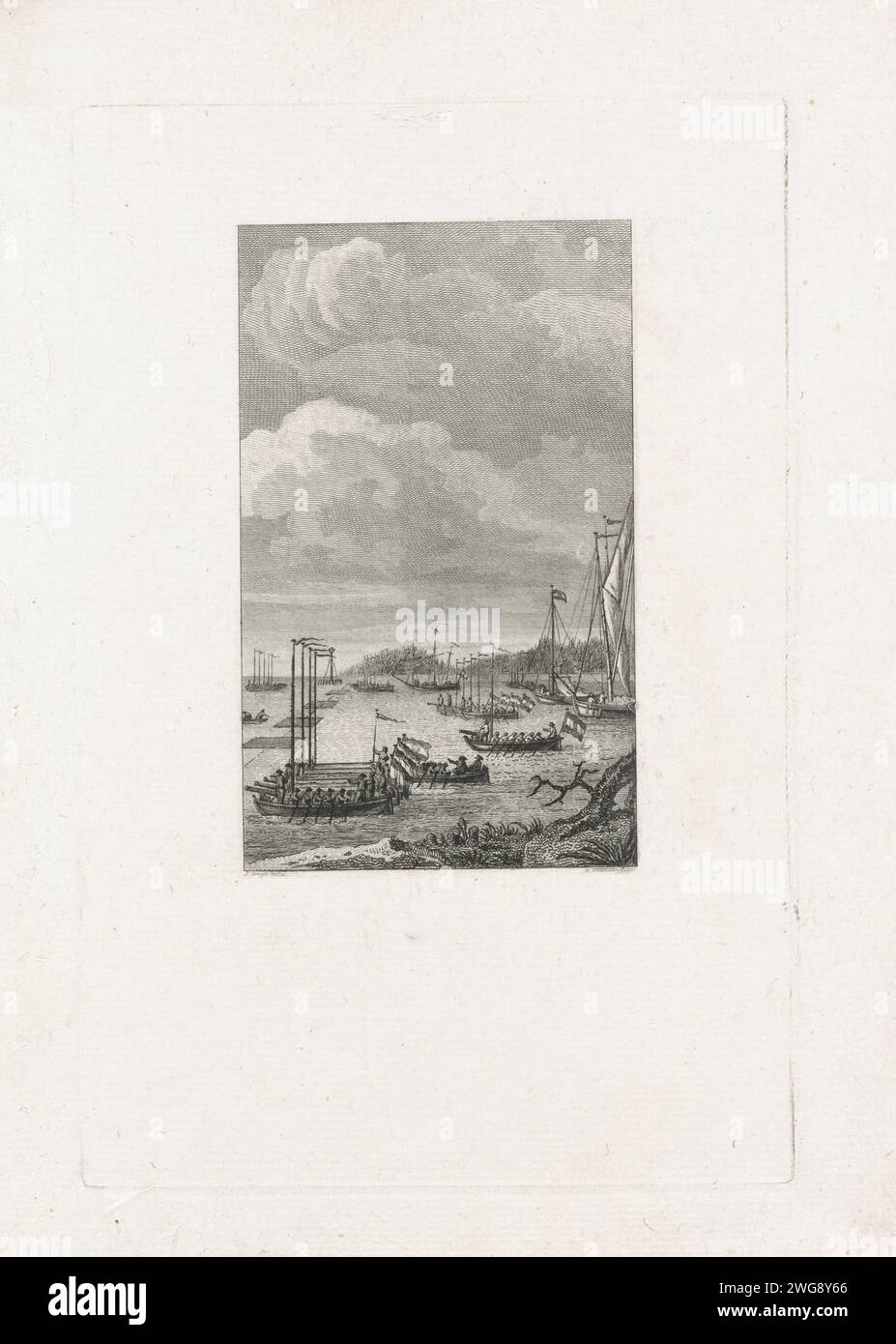 Cannoon sloops in the Dordtsche Kil, 1793, Reinier Vinkeles (I), After Jacobus Buys, After Carel Frederik Bendorp (I), After Martinus Schouman, 1800 print The closure of the Dordtsche Kil with rafts, guns and some other vessels on March 29, 1793, as a defense against the French. Northern Netherlands paper etching / engraving rowing-boat, canoe, etc.. chains across waterway Dordtse Kil Stock Photo