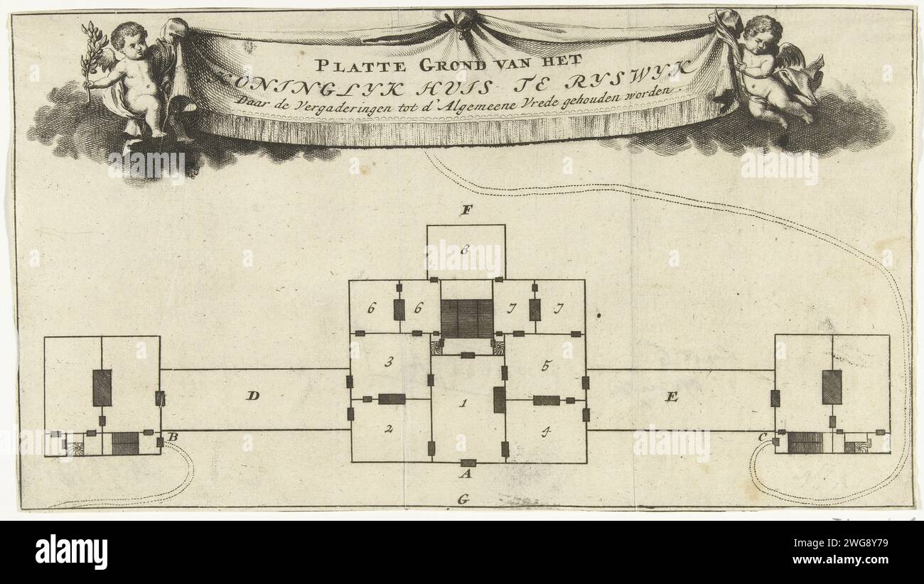 Map of the Ter Nieuburch House in Rijswijk, 1697, 1697 - 1725 print Map of the Ter Nieuburch House in Rijswijk where the peace talks were held in 1697. The title on a canvas stopped by two putti, in the map the parts indicated with numbers and letters. Northern Netherlands paper etching / engraving palace. plan  architecture House Ter Nieuburch Stock Photo