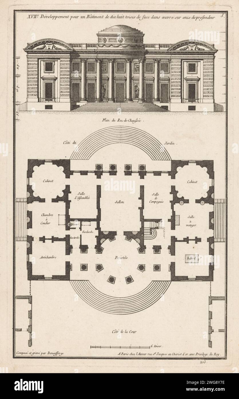 Façade and map, 1760 print Façade and map of a building with stairwatches on four sides and a peristilium with a dome. Print number 203. Paris paper etching façade (of house or building). plan  architecture Stock Photo