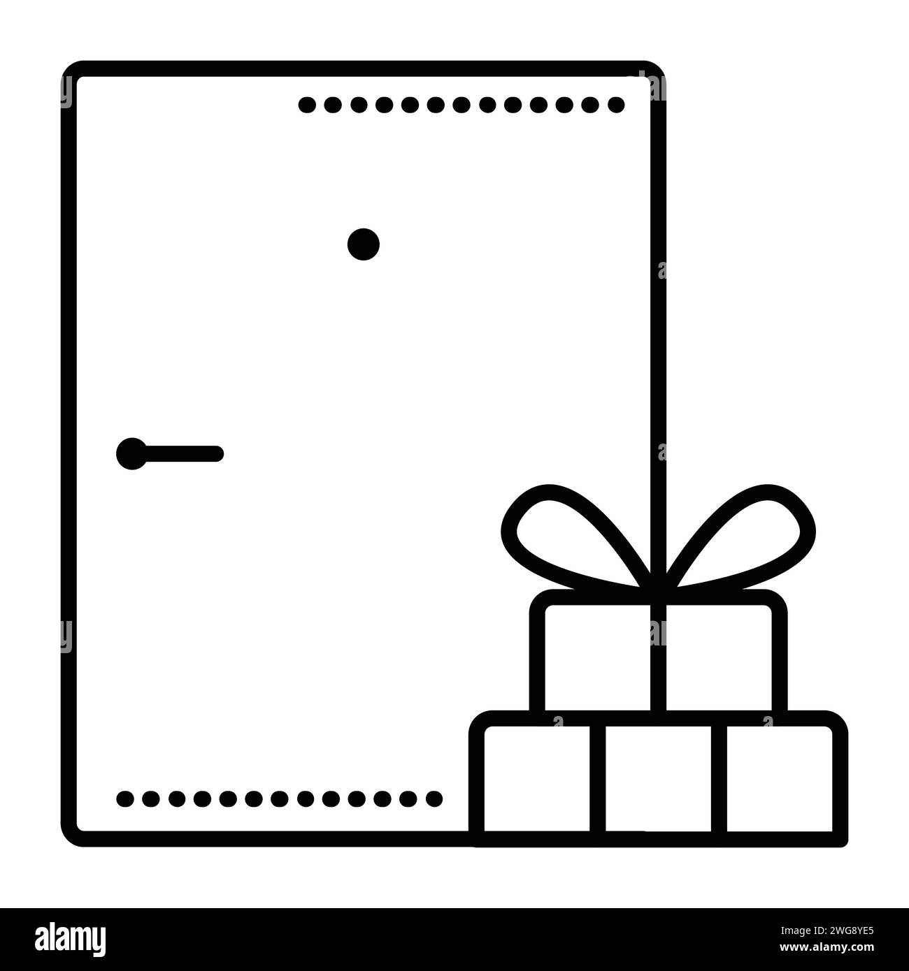 Delivery to home black line vector icon, gift near the door Stock Vector