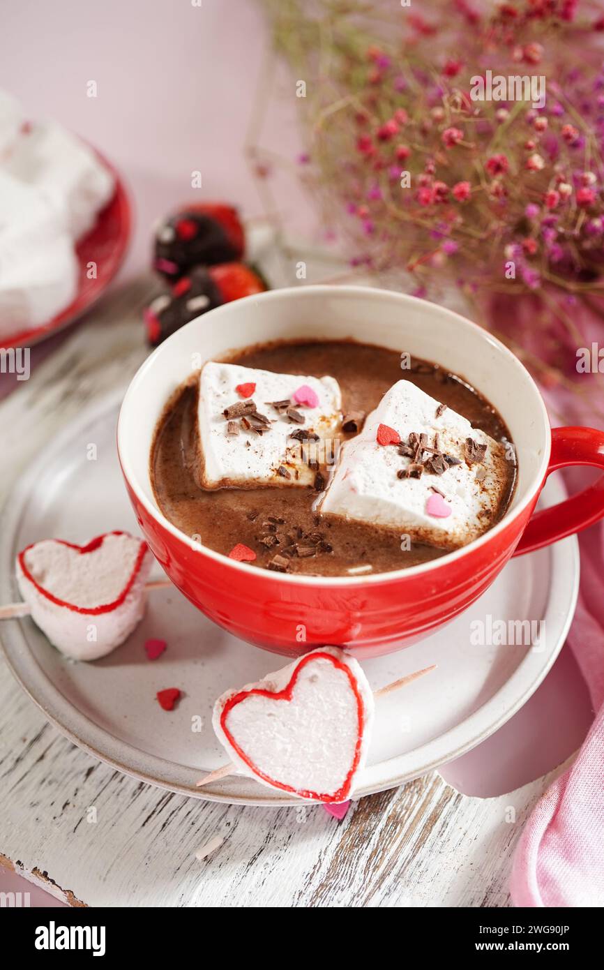 Valentines day hot chocolate or cocoa with homemade heart marshmallows ...