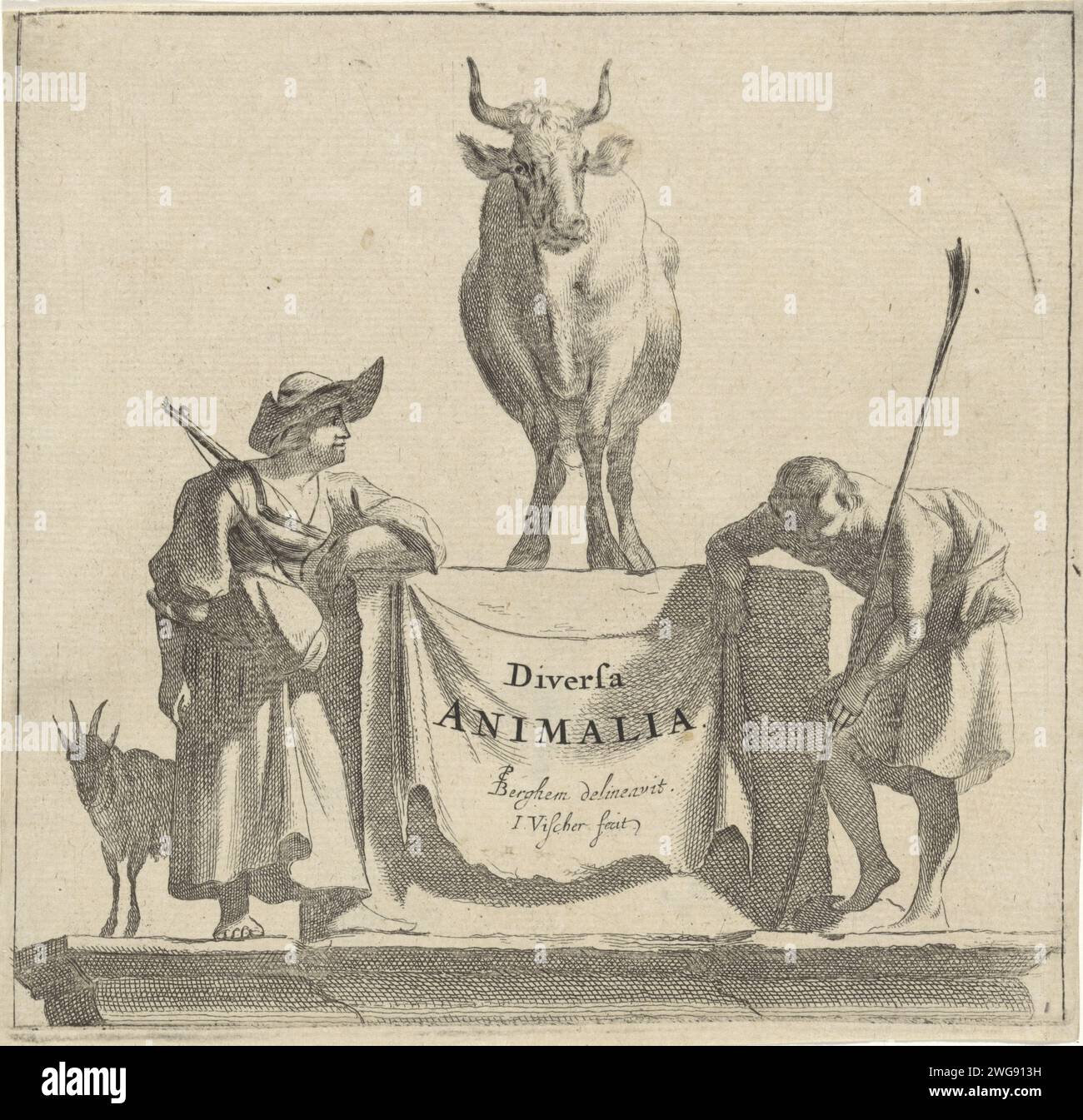 Title print for 'Diversa Animalia', Jan De Visscher, After Nicolaes Pietersz Berchem, 1643 - 1706 print Title print for the 12-part series 'Diversa Animalia' with prints of different animals in landscapes. The title is flanked by a shepherdin and a shepherd. The title has a cow. Northern Netherlands paper etching herding, herdsman, herdswoman, shepherd, shepherdess, cowherd, etc.. cow Stock Photo
