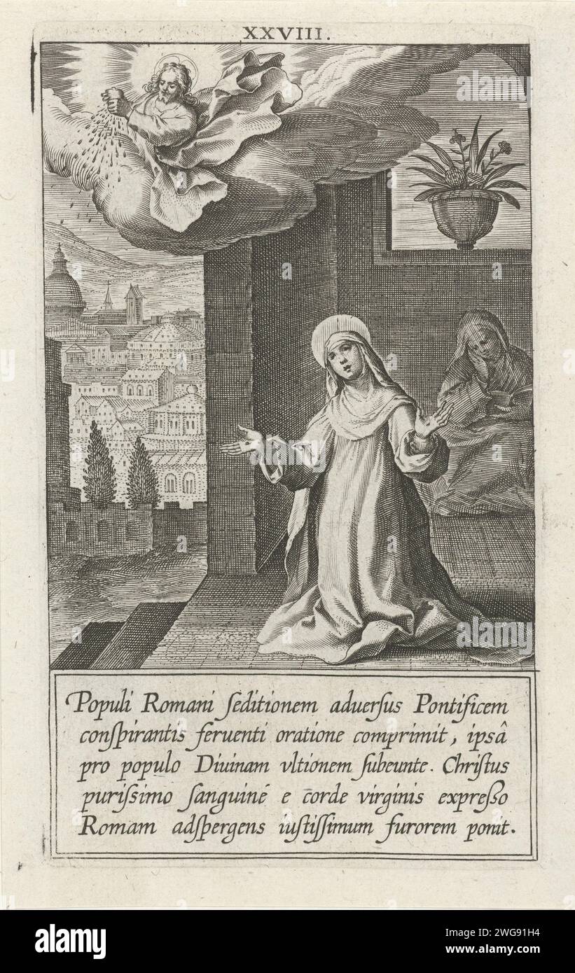 Christ colander his blood over the city of Rome, Cornelis Galle (I), 1603 print Catharina is located in a house in Rome and Bidt. Christ on a cloud presses blood from his heart and sprinkles the people of Rome with it. Part of a series about Catharina from Siena consisting of a title print, a portrait and 32 numbered scenes from her life. print maker: Southern Netherlandspublisher: Antwerp paper engraving the virgin and Dominican Tertiary, Catherine of Siena; possible attributes: book, cross, crown of thorns, crucifix, demon under foot, heart (with cross), lily, plague-stricken, ring, rosary, Stock Photo