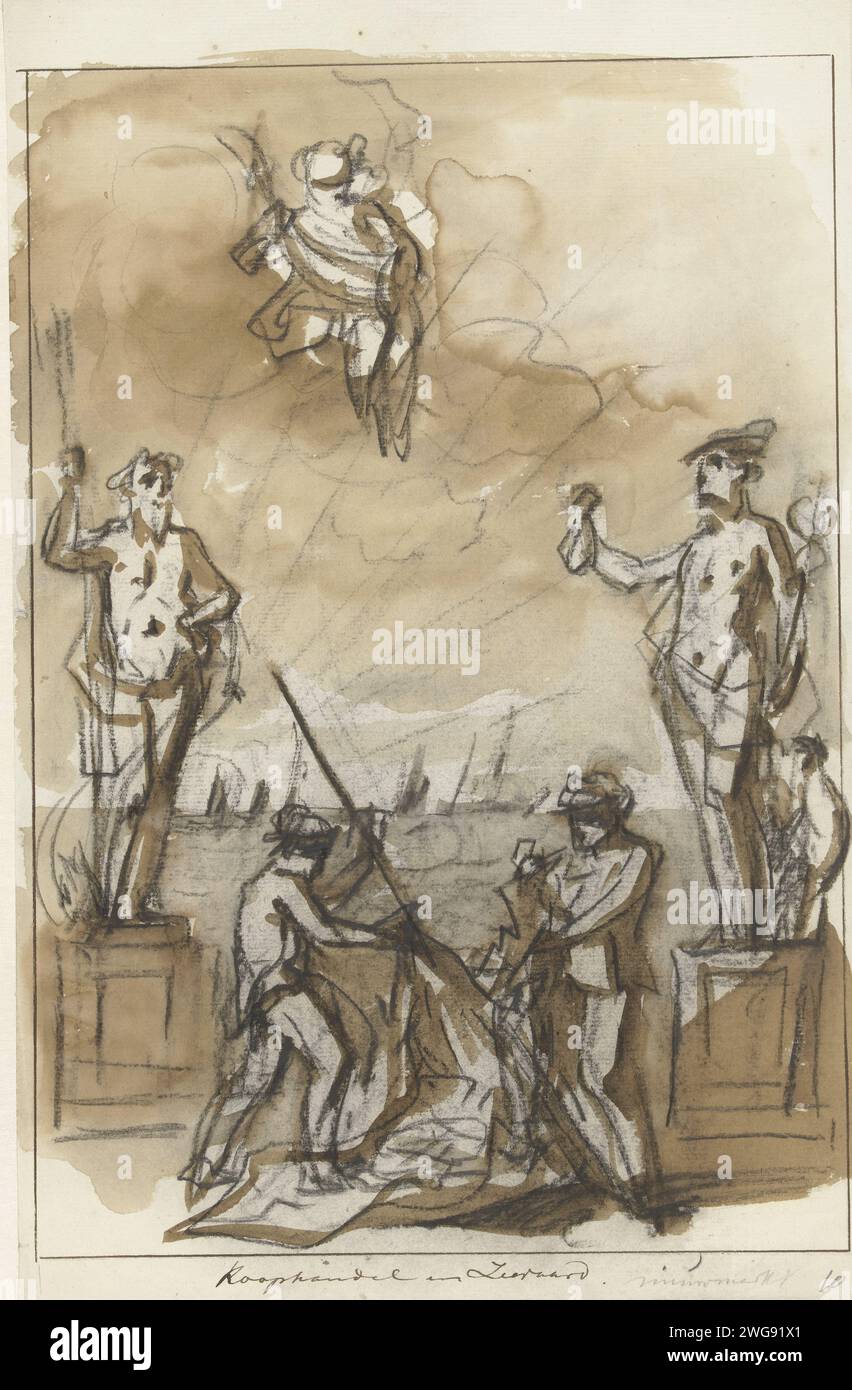 Commerce and Seavaart, Decoration on the Nieuwmarkt, 1795, Jurriaan Andriessen, 1795 drawing Two sailors tear up the English flag. On either side statues of Neptunus and Mercury (with the French Haan). Another figure in the clouds. Not used design for commercial and nautical, Allegorical decoration established on the Nieuwmarkt in Amsterdam at the Alliantiegeest on June 19, 1795. Netherlands paper. chalk brush festivities on events of national importance (+ festive decoration  festive activities). alliance, league, union, foedus. specific aspects, allegorical aspects of Mercury; Mercury as pa Stock Photo